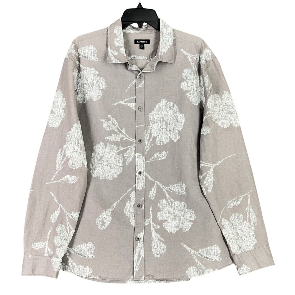Express Floral Linen Button‎ Up Shirt Mens XL Resort Hawaiian Aloha Neutral